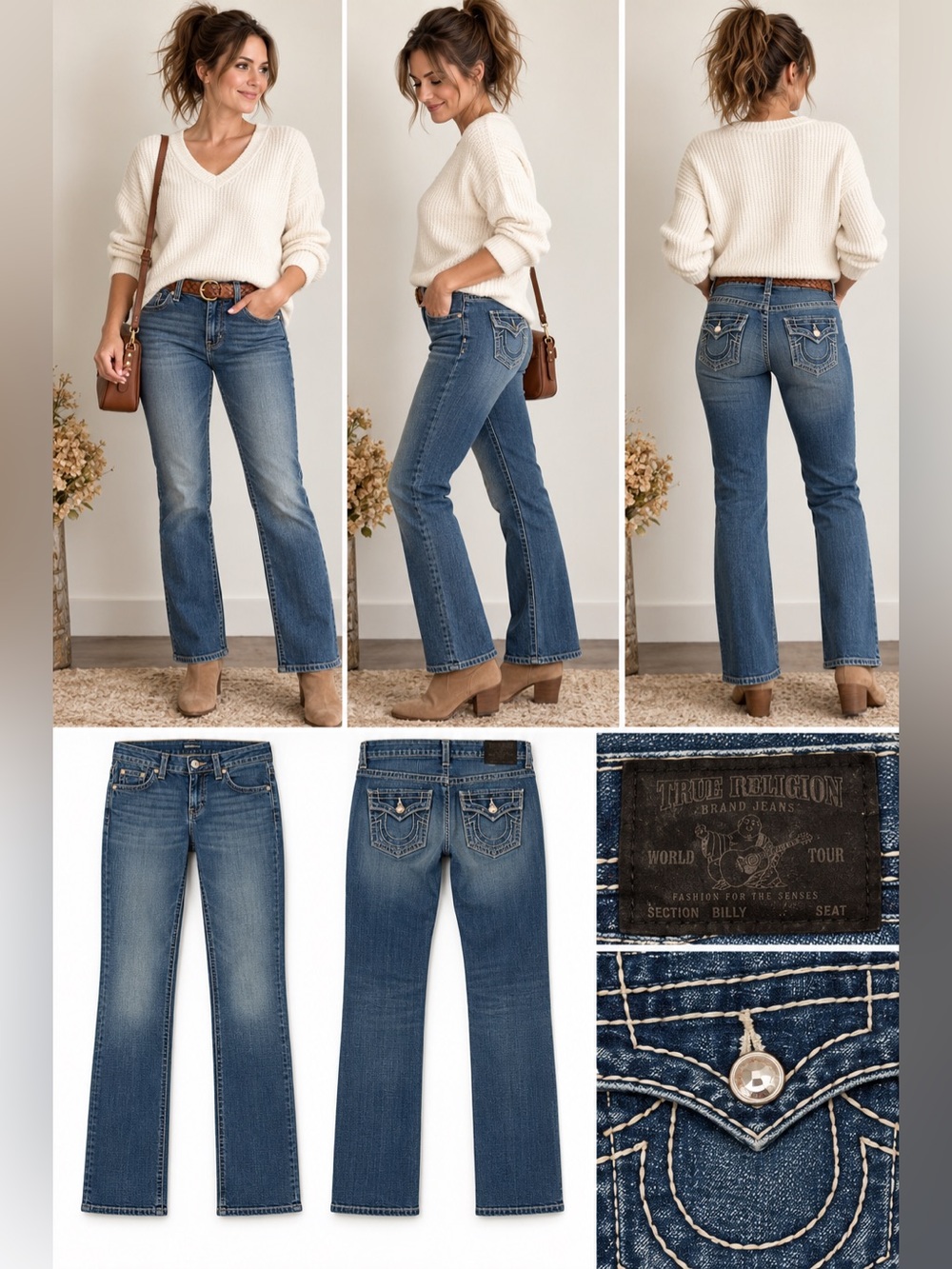 True Religion Billy Jeans Bootcut Flap Pocket Distressed Denim Made in USA